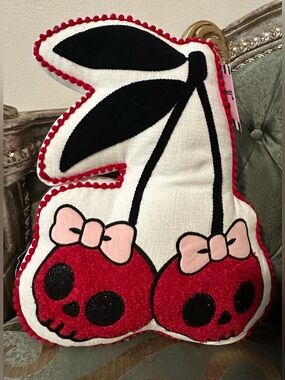 Pillow Cherry Skull Plush Pink & Red Accent 15x16” decorative pillow new
